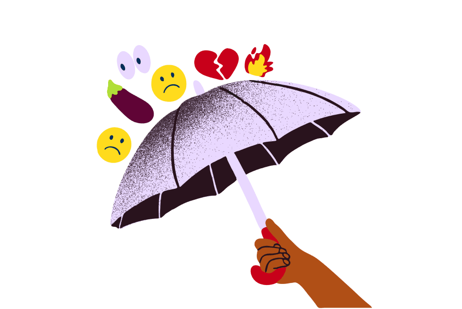 Ilustração de um guarda-chuva aberto para proteger de emojis negativos