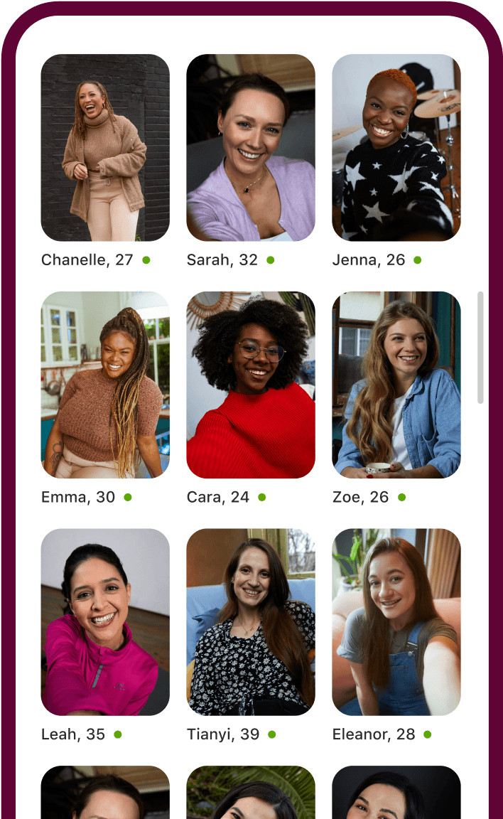 Aplikacioni Badoo duke treguar një gridë me profile të grave të ndryshme.